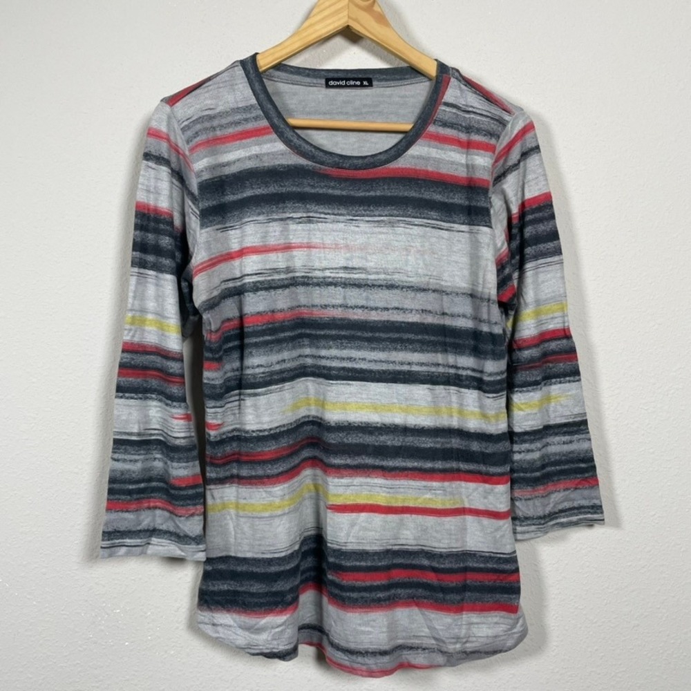 David Cline Striped Top Womens XL Grey Red Yellow Casual 3/4 Sleeve 3437